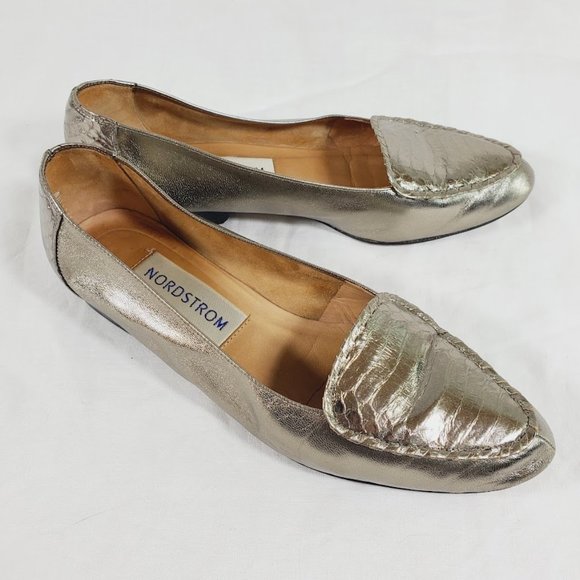 Nordstrom Shoes - Nordstrom Metallic Gold Loafers Size 8 Leather Croc Embossed Holiday Shoes